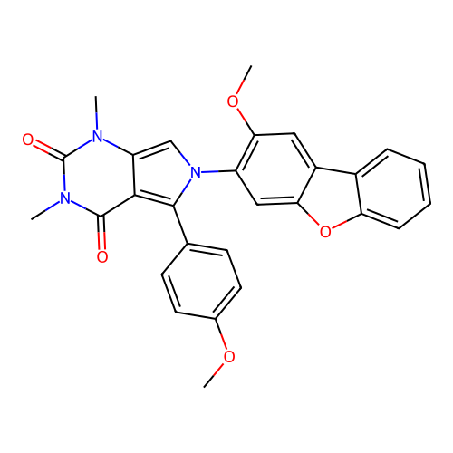 6-(2-methoxydibenzo[b,d]furan-3-yl)-5-(4-methoxyphenyl)-1,3-dimethyl-1H-pyrrolo[3,4-d]pyrimidine-2,4(3H,6H)-dione structure
