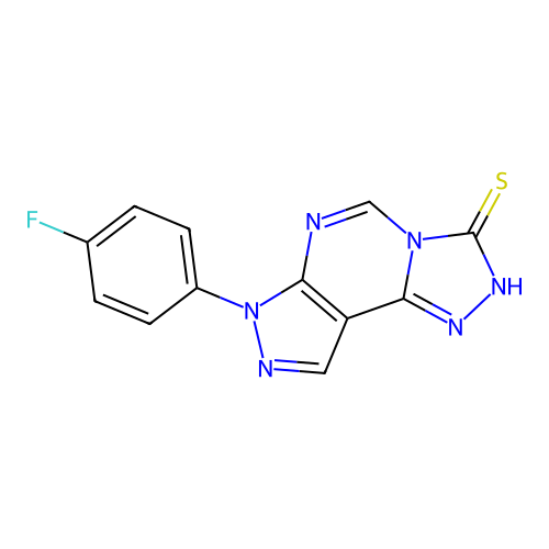 3-(4-fluorophenyl)-6-hydropyrazolo[5,4-d]1,2,4-triazolo[4,3-e]pyrimidine-7-thi ol structure
