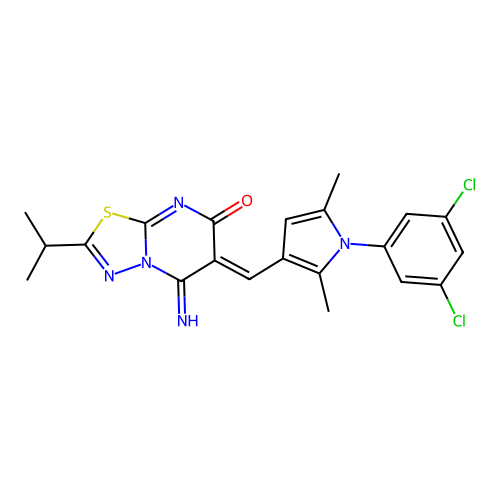 (6Z)-6-[[1-(3,5-dichlorophenyl)-2,5-dimethylpyrrol-3-yl]methylidene]-5-imino-2-propan-2-yl-[1,3,4]thiadiazolo[3,2-a]pyrimidin-7-one structure