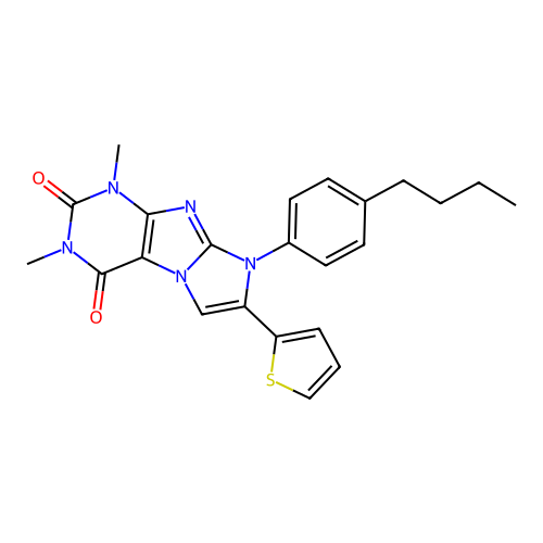 8-(4-butylphenyl)-1,3-dimethyl-7-(thiophen-2-yl)-1H-imidazo[2,1-f]purine-2,4(3H,8H)-dione structure