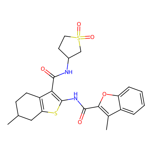 N-{3-[(1,1-dioxidotetrahydrothiophen-3-yl)carbamoyl]-6-methyl-4,5,6,7-tetrahydro-1-benzothiophen-2-yl}-3-methyl-1-benzofuran-2-carboxamide structure