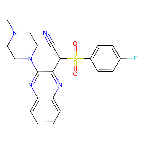 2-((4-fluorophenyl)sulfonyl)-2-(3-(4-methylpiperazin-1-yl)quinoxalin-2-yl)acetonitrile structure