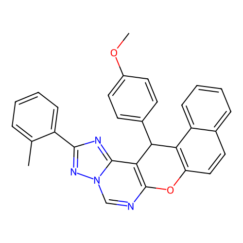 14-(4-methoxyphenyl)-2-(2-methylphenyl)-14H-benzo[5,6]chromeno[3,2-e][1,2,4]triazolo[1,5-c]pyrimidine structure