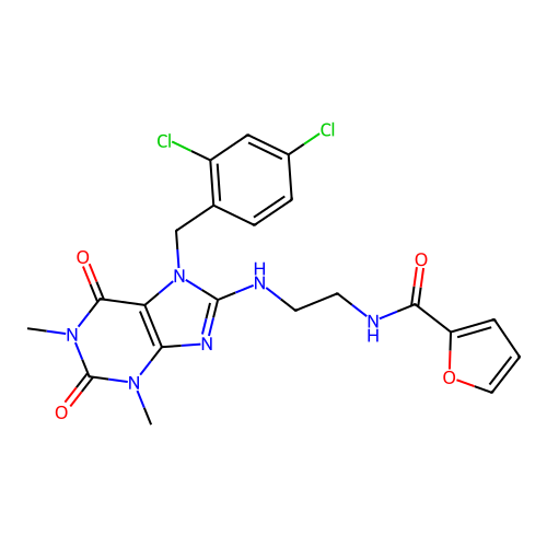 N-(2-((7-(2,4-dichlorobenzyl)-1,3-dimethyl-2,6-dioxo-2,3,6,7-tetrahydro-1H-purin-8-yl)amino)ethyl)furan-2-carboxamide structure