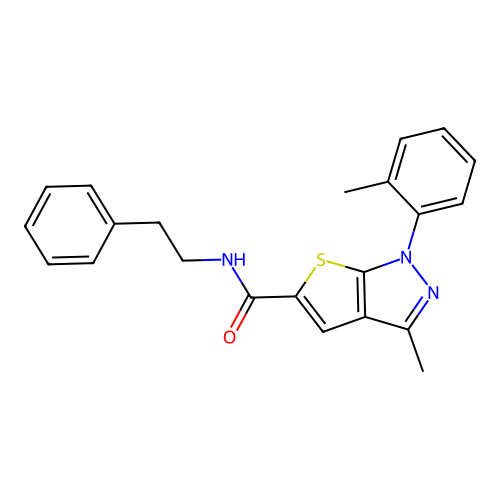 3-methyl-1-(2-methylphenyl)-N-phenethylthieno[2,3-c]pyrazole-5-carboxamide structure