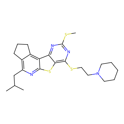 4-(2-methylpropyl)-9-(methylsulfanyl)-7-{[2-(piperidin-1-yl)ethyl]sulfanyl}-2,3-dihydro-1H-cyclopenta[4',5']pyrido[3',2':4,5]thieno[3,2-d]pyrimidine structure