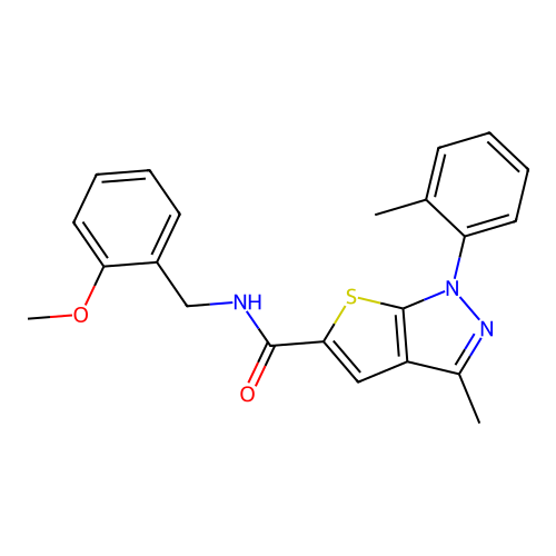 N-(2-methoxybenzyl)-3-methyl-1-(2-methylphenyl)-1H-thieno[2,3-c]pyrazole-5-carboxamide structure