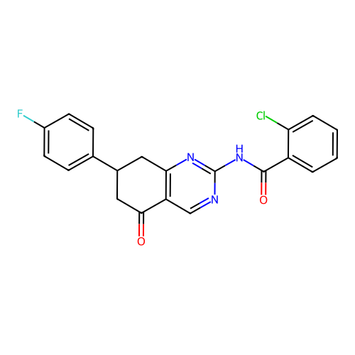 2-chloro-N-(7-(4-fluorophenyl)-5-oxo-5,6,7,8-tetrahydroquinazolin-2-yl)benzamide structure