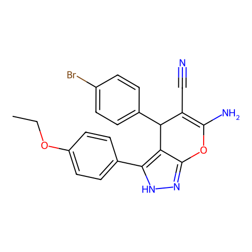 6-amino-4-(4-bromophenyl)-3-(4-ethoxyphenyl)-1,4-dihydropyrano[2,3-c]pyrazole-5-carbonitrile structure