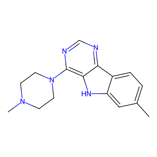 7-methyl-4-(4-methylpiperazin-1-yl)-5H-pyrimido[5,4-b]indole structure