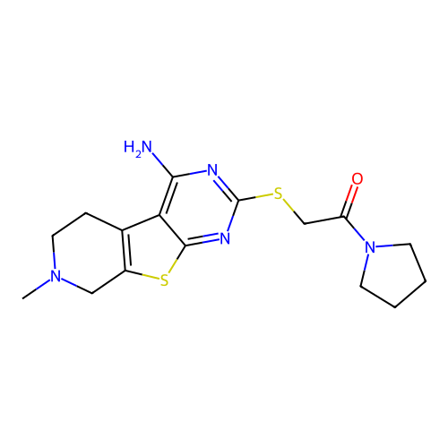2-((4-amino-7-methyl-5,6,7,8-tetrahydropyrido[4',3':4,5]thieno[2,3-d]pyrimidin-2-yl)thio)-1-(pyrrolidin-1-yl)ethanone structure