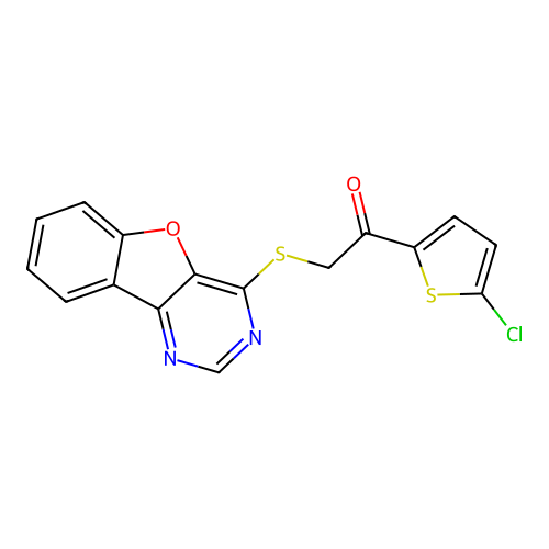 2-([1]Benzofuro[3,2-d]pyrimidin-4-ylsulfanyl)-1-(5-chlorothiophen-2-yl)ethanone structure