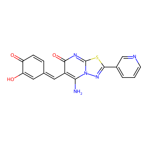 (E)-6-(3,4-dihydroxybenzylidene)-5-imino-2-(pyridin-3-yl)-5H-[1,3,4]thiadiazolo[3,2-a]pyrimidin-7(6H)-one structure