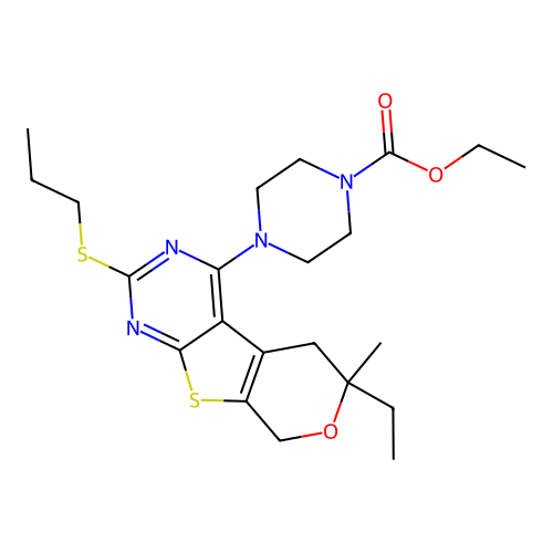ethyl 4-(6-ethyl-6-methyl-2-(propylthio)-6,8-dihydro-5H-pyrano[4',3':4,5]thieno[2,3-d]pyrimidin-4-yl)piperazine-1-carboxylate structure