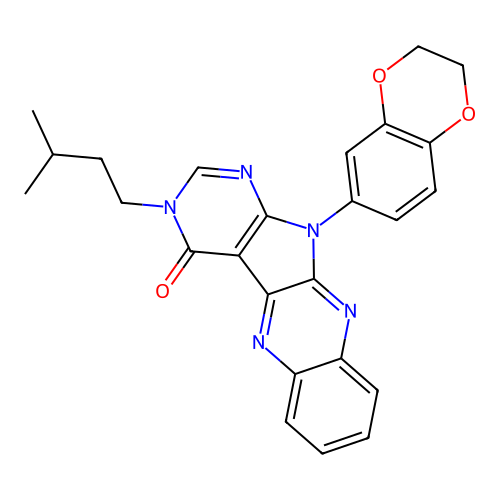 11-(2,3-dihydro-1,4-benzodioxin-6-yl)-3-(3-methylbutyl)-3,11-dihydro-4H-pyrimido[5',4':4,5]pyrrolo[2,3-b]quinoxalin-4-one structure