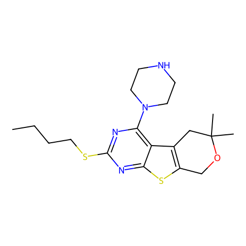 2-(butylsulfanyl)-6,6-dimethyl-4-(piperazin-1-yl)-5,8-dihydro-6H-pyrano[4',3':4,5]thieno[2,3-d]pyrimidine structure
