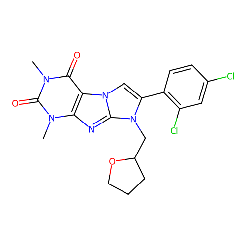 7-(2,4-dichlorophenyl)-1,3-dimethyl-8-((tetrahydrofuran-2-yl)methyl)-1H-imidazo[2,1-f]purine-2,4(3H,8H)-dione structure