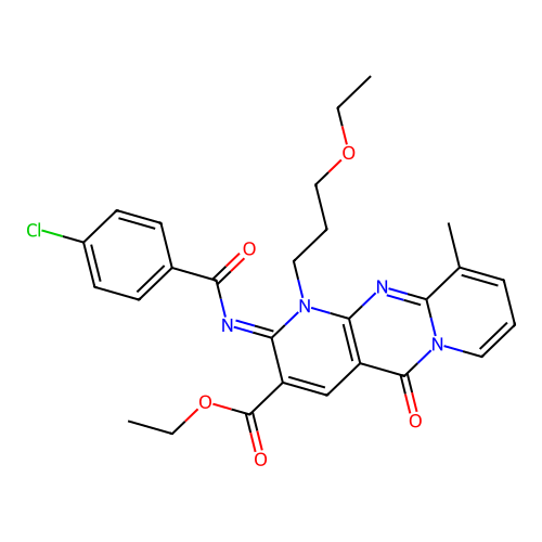 (Z)-ethyl 2-((4-chlorobenzoyl)imino)-1-(3-ethoxypropyl)-10-methyl-5-oxo-2,5-dihydro-1H-dipyrido[1,2-a:2',3'-d]pyrimidine-3-carboxylate structure