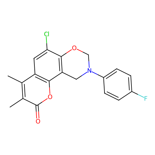 6-chloro-9-(4-fluorophenyl)-3,4-dimethyl-9,10-dihydro-2H,8H-chromeno[8,7-e][1,3]oxazin-2-one structure