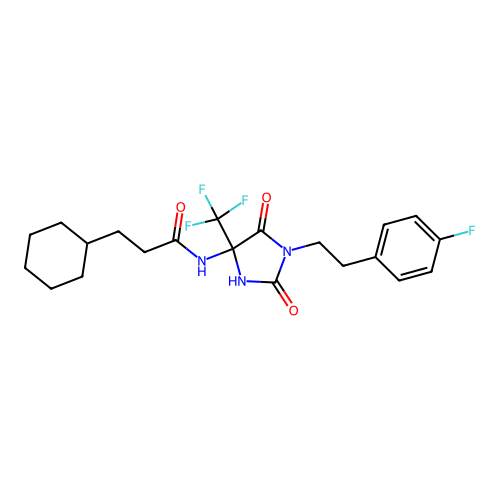 3-cyclohexyl-N-(1-(4-fluorophenethyl)-2,5-dioxo-4-(trifluoromethyl)imidazolidin-4-yl)propanamide structure