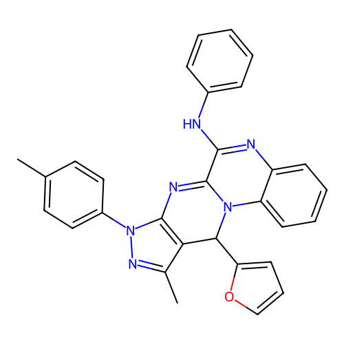 11-(furan-2-yl)-10-methyl-8-(4-methylphenyl)-N-phenyl-8,11-dihydropyrazolo[3',4':4,5]pyrimido[1,2-a]quinoxalin-6-amine structure