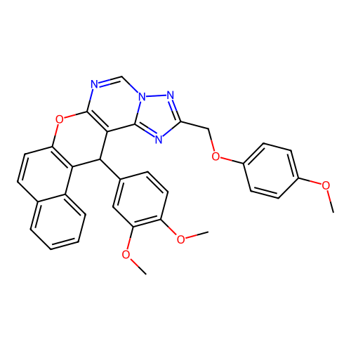 14-(3,4-dimethoxyphenyl)-2-[(4-methoxyphenoxy)methyl]-14H-benzo[5,6]chromeno[3,2-e][1,2,4]triazolo[1,5-c]pyrimidine structure