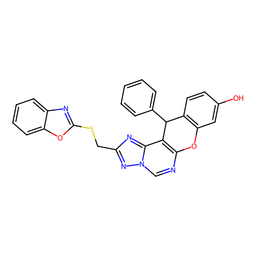 2-[(1,3-benzoxazol-2-ylsulfanyl)methyl]-12-phenyl-12H-chromeno[3,2-e][1,2,4]triazolo[1,5-c]pyrimidin-9-ol structure