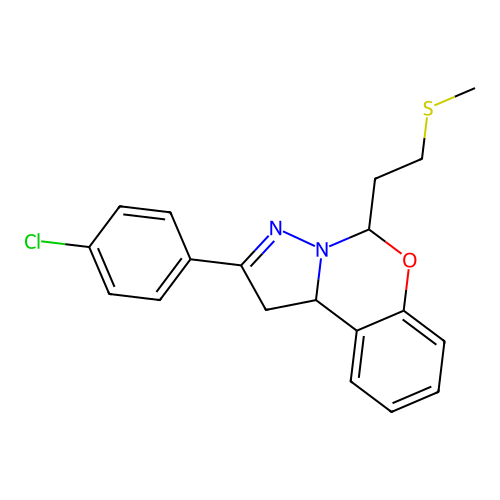 2-(4-chlorophenyl)-5-(2-(methylthio)ethyl)-5,10b-dihydro-1H-benzo[e]pyrazolo[1,5-c][1,3]oxazine structure