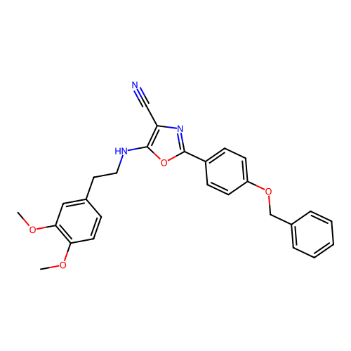 5-[2-(3,4-dimethoxyphenyl)ethylamino]-2-(4-phenylmethoxyphenyl)-1,3-oxazole-4-carbonitrile structure