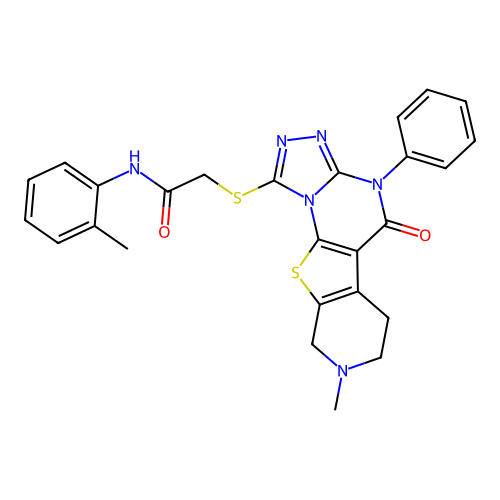 2-((8-methyl-5-oxo-4-phenyl-4,5,6,7,8,9-hexahydropyrido[4',3':4,5]thieno[3,2-e][1,2,4]triazolo[4,3-a]pyrimidin-1-yl)thio)-N-(o-tolyl)acetamide structure