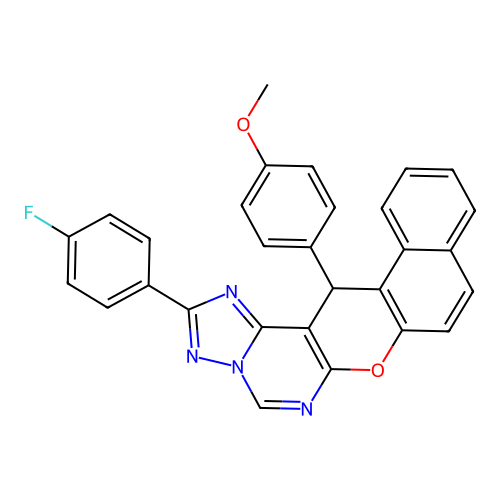 2-(4-fluorophenyl)-14-(4-methoxyphenyl)-14H-benzo[5,6]chromeno[3,2-e][1,2,4]triazolo[1,5-c]pyrimidine structure
