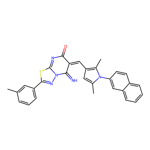 (E)-6-((2,5-dimethyl-1-(naphthalen-2-yl)-1H-pyrrol-3-yl)methylene)-5-imino-2-(m-tolyl)-5H-[1,3,4]thiadiazolo[3,2-a]pyrimidin-7(6H)-one structure