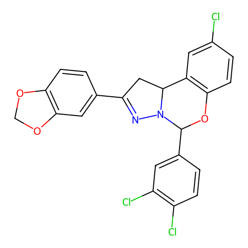 2-(1,3-benzodioxol-5-yl)-9-chloro-5-(3,4-dichlorophenyl)-1,10b-dihydropyrazolo[1,5-c][1,3]benzoxazine structure