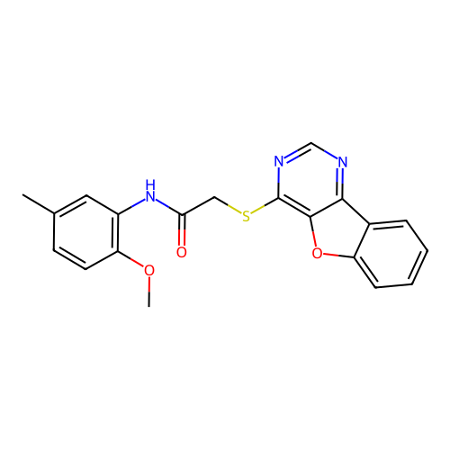 2-([1]benzofuro[3,2-d]pyrimidin-4-ylsulfanyl)-N-(2-methoxy-5-methylphenyl)acetamide structure