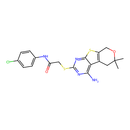 2-((4-amino-6,6-dimethyl-6,8-dihydro-5H-pyrano[4',3':4,5]thieno[2,3-d]pyrimidin-2-yl)thio)-N-(4-chlorophenyl)acetamide structure