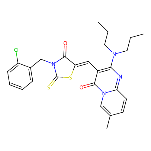 3-{(Z)-[3-(2-chlorobenzyl)-4-oxo-2-thioxo-1,3-thiazolidin-5-ylidene]methyl}-2-(dipropylamino)-7-methyl-4H-pyrido[1,2-a]pyrimidin-4-one structure