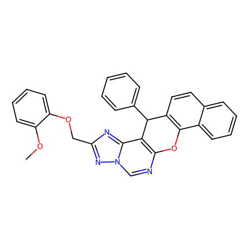 2-[(2-methoxyphenoxy)methyl]-14-phenyl-14H-benzo[7,8]chromeno[3,2-e][1,2,4]triazolo[1,5-c]pyrimidine structure