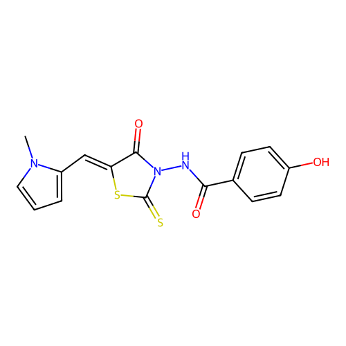 4-hydroxy-N-[(5Z)-5-[(1-methylpyrrol-2-yl)methylidene]-4-oxo-2-sulfanylidene-1,3-thiazolidin-3-yl]benzamide structure