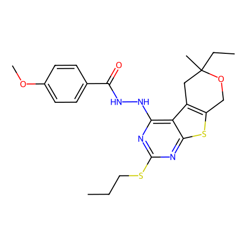 N'-(6-ethyl-6-methyl-2-(propylthio)-6,8-dihydro-5H-pyrano[4',3':4,5]thieno[2,3-d]pyrimidin-4-yl)-4-methoxybenzohydrazide structure