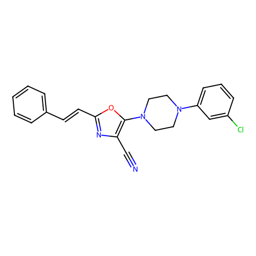 5-[4-(3-chlorophenyl)piperazin-1-yl]-2-[(E)-2-phenylethenyl]-1,3-oxazole-4-carbonitrile structure