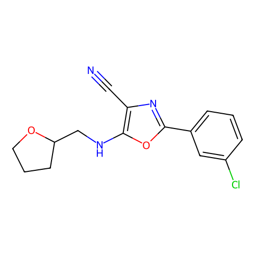 2-(3-chlorophenyl)-5-[(tetrahydrofuran-2-ylmethyl)amino]-1,3-oxazole-4-carbonitrile structure