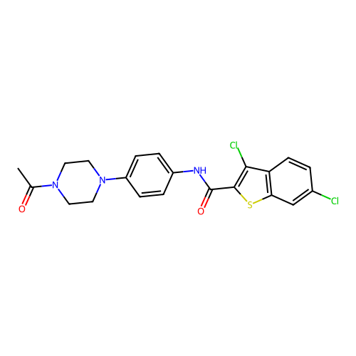 N-[4-(4-acetylpiperazin-1-yl)phenyl]-3,6-dichloro-1-benzothiophene-2-carboxamide structure