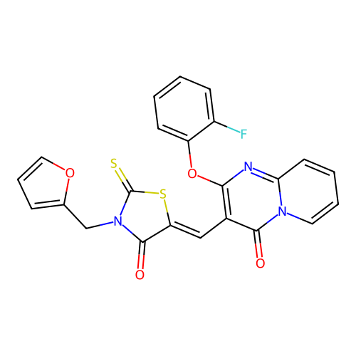 2-(2-fluorophenoxy)-3-{(Z)-[3-(furan-2-ylmethyl)-4-oxo-2-thioxo-1,3-thiazolidin-5-ylidene]methyl}-4H-pyrido[1,2-a]pyrimidin-4-one structure