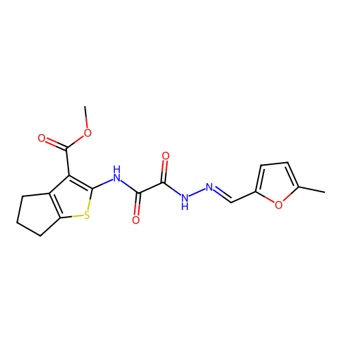 (E)-methyl 2-(2-(2-((5-methylfuran-2-yl)methylene)hydrazinyl)-2-oxoacetamido)-5,6-dihydro-4H-cyclopenta[b]thiophene-3-carboxylate structure
