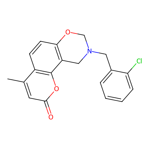 9-(2-chlorobenzyl)-4-methyl-9,10-dihydro-2H,8H-chromeno[8,7-e][1,3]oxazin-2-one structure