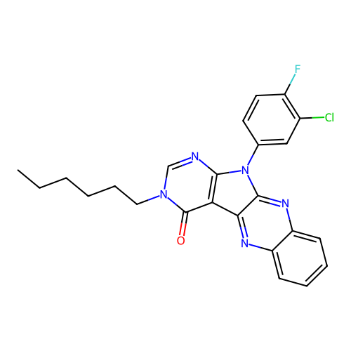 11-(3-chloro-4-fluorophenyl)-3-hexyl-3,11-dihydro-4H-pyrimido[5',4':4,5]pyrrolo[2,3-b]quinoxalin-4-one structure