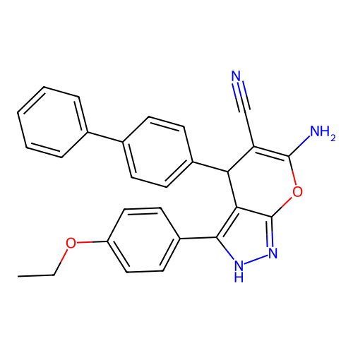 4-([1,1'-biphenyl]-4-yl)-6-amino-3-(4-ethoxyphenyl)-1,4-dihydropyrano[2,3-c]pyrazole-5-carbonitrile structure