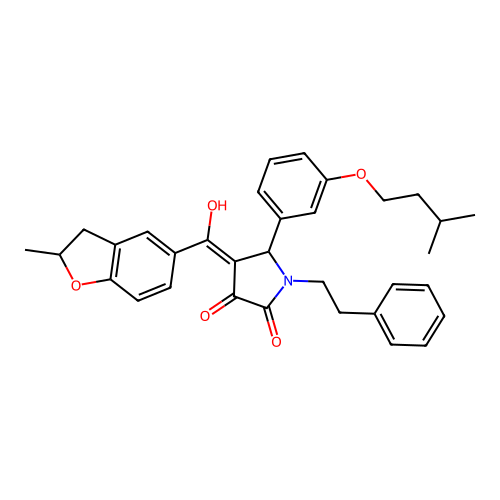 (4E)-4-[hydroxy(2-methyl-2,3-dihydro-1-benzofuran-5-yl)methylidene]-5-[3-(3-methylbutoxy)phenyl]-1-(2-phenylethyl)pyrrolidine-2,3-dione structure