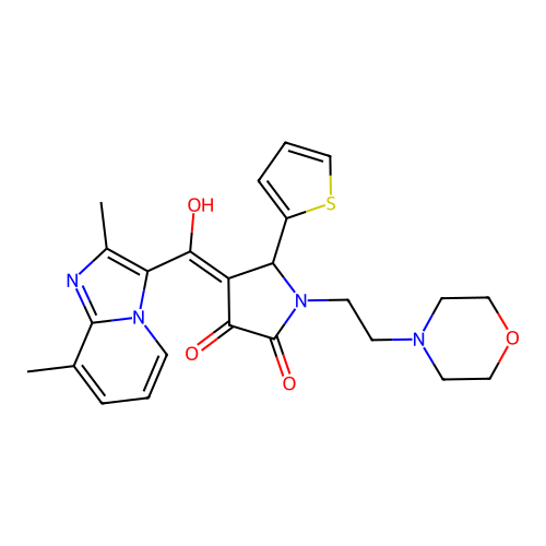 (4E)-4-[(2,8-dimethylimidazo[1,2-a]pyridin-3-yl)-hydroxymethylidene]-1-(2-morpholin-4-ylethyl)-5-thiophen-2-ylpyrrolidine-2,3-dione structure