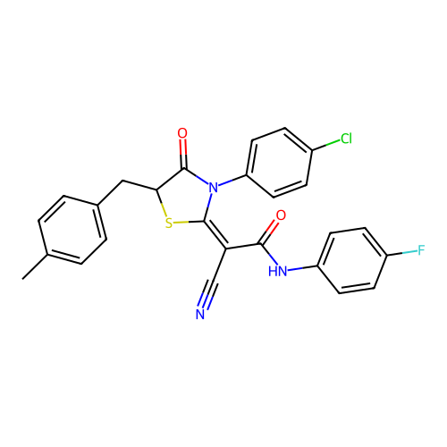 (2E)-2-[3-(4-chlorophenyl)-5-(4-methylbenzyl)-4-oxo-1,3-thiazolidin-2-ylidene]-2-cyano-N-(4-fluorophenyl)ethanamide structure